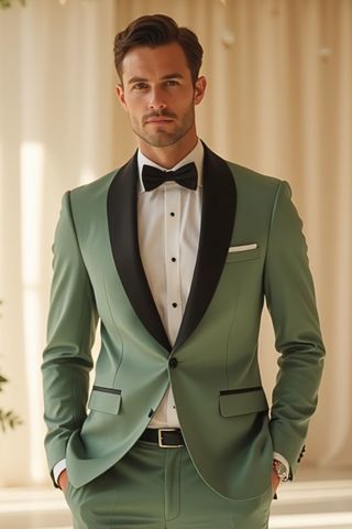 Sage Green Tuxedo with Black Shawl Lapels – Modern Fit