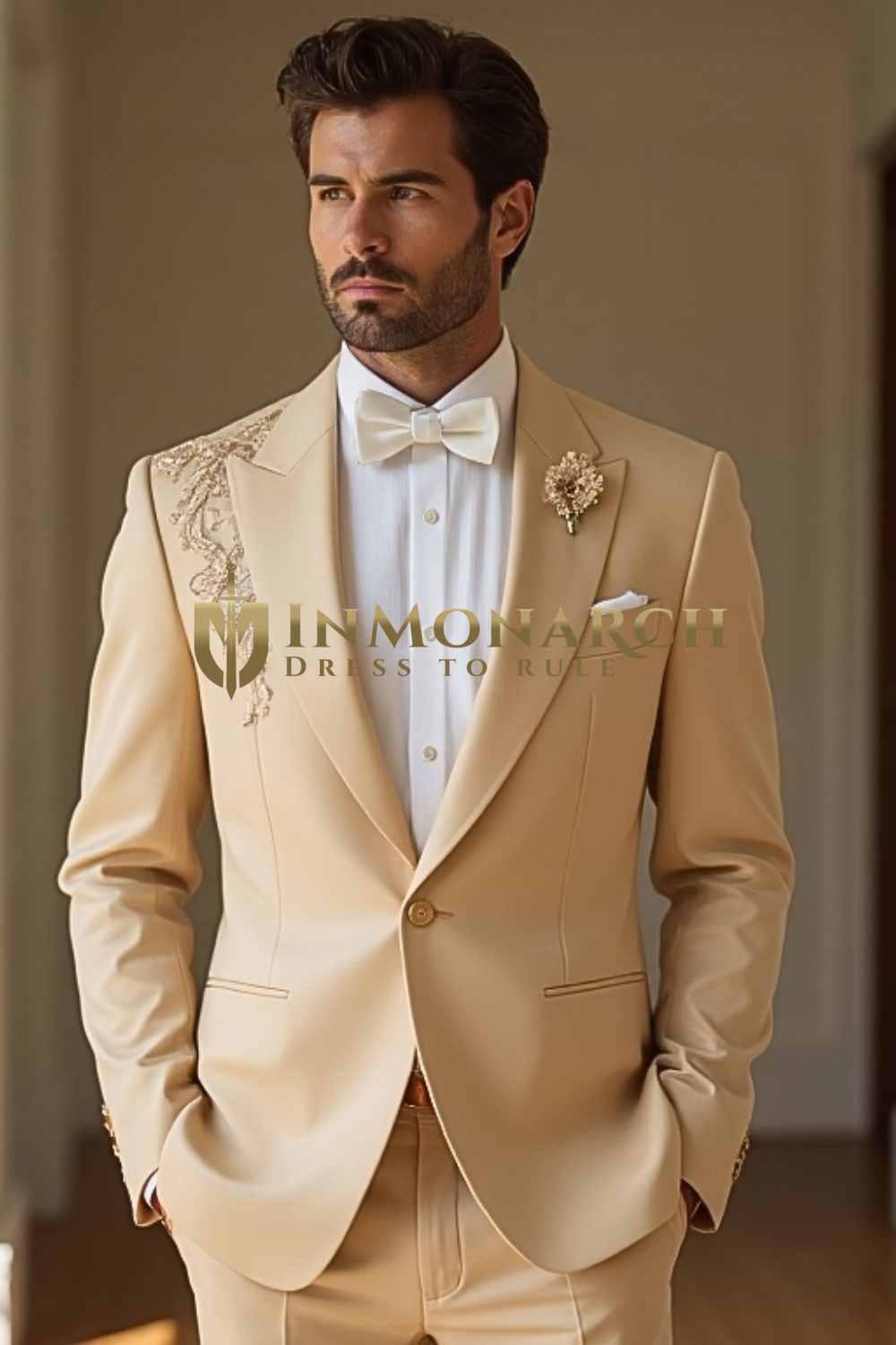 Camel Tan Men’s Suit with Embroidered Shoulder – Regal Formalwear
