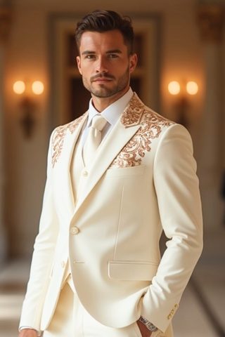 Ivory 3-Piece Suit with Rose Gold Embroidery – Wedding Tuxedo
