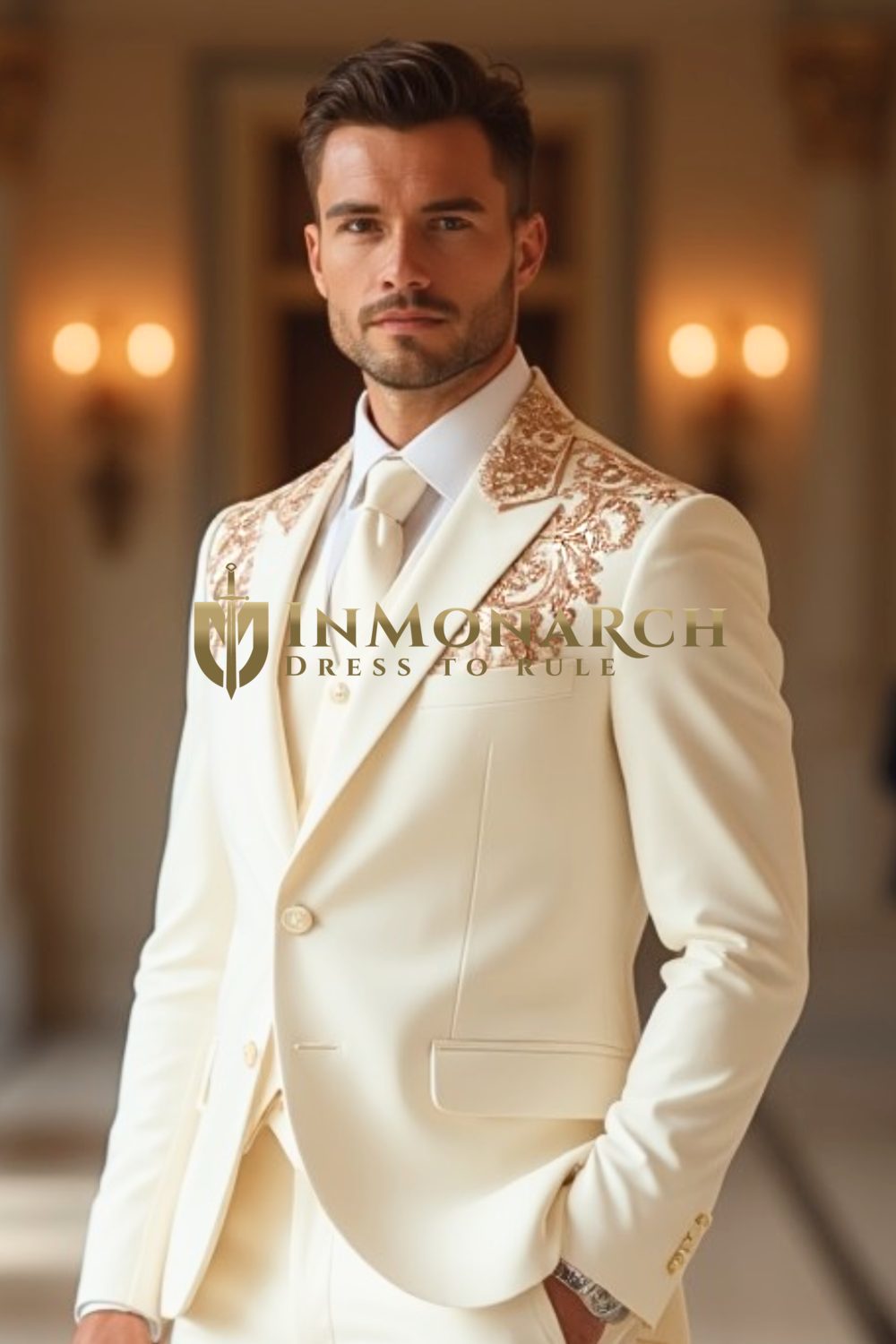 Ivory 3-Piece Suit with Rose Gold Embroidery – Wedding Tuxedo

