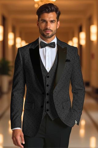 Black Patterned Tuxedo 3-Piece Suit with Shawl Lapel