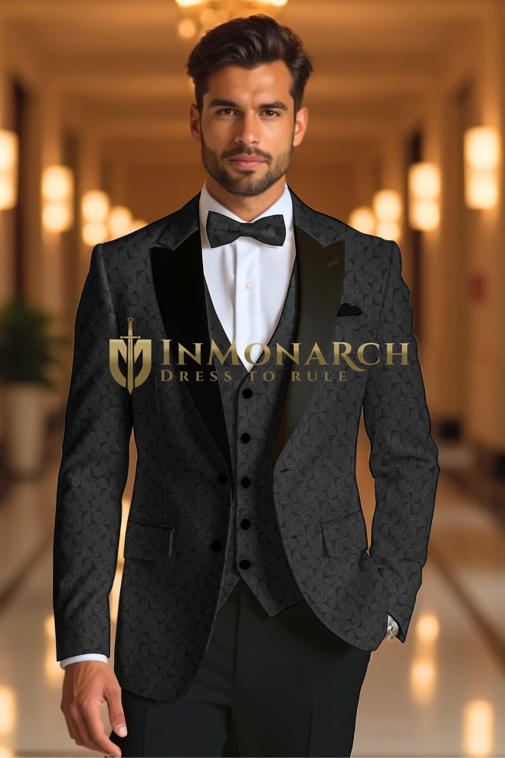 Black Patterned Tuxedo 3-Piece Suit with Shawl Lapel
