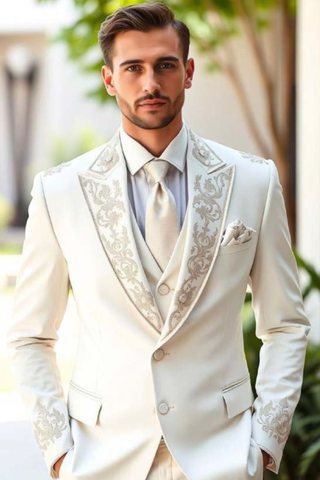 Ivory Embroidered 3-Piece Suit with Peak Lapel