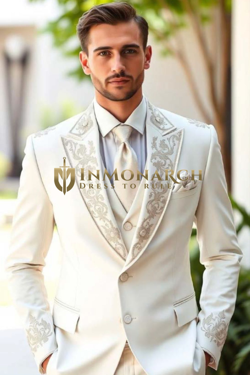 Ivory Embroidered 3-Piece Suit with Peak Lapel