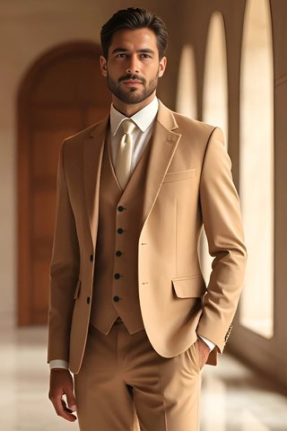 Camel 3-Piece Suit for Men – Slim Fit Wedding & Formal Wear