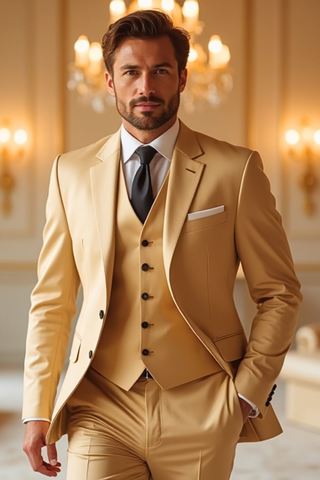 Golden Beige 3-Piece Suit for Men – Slim Fit Wedding & Reception