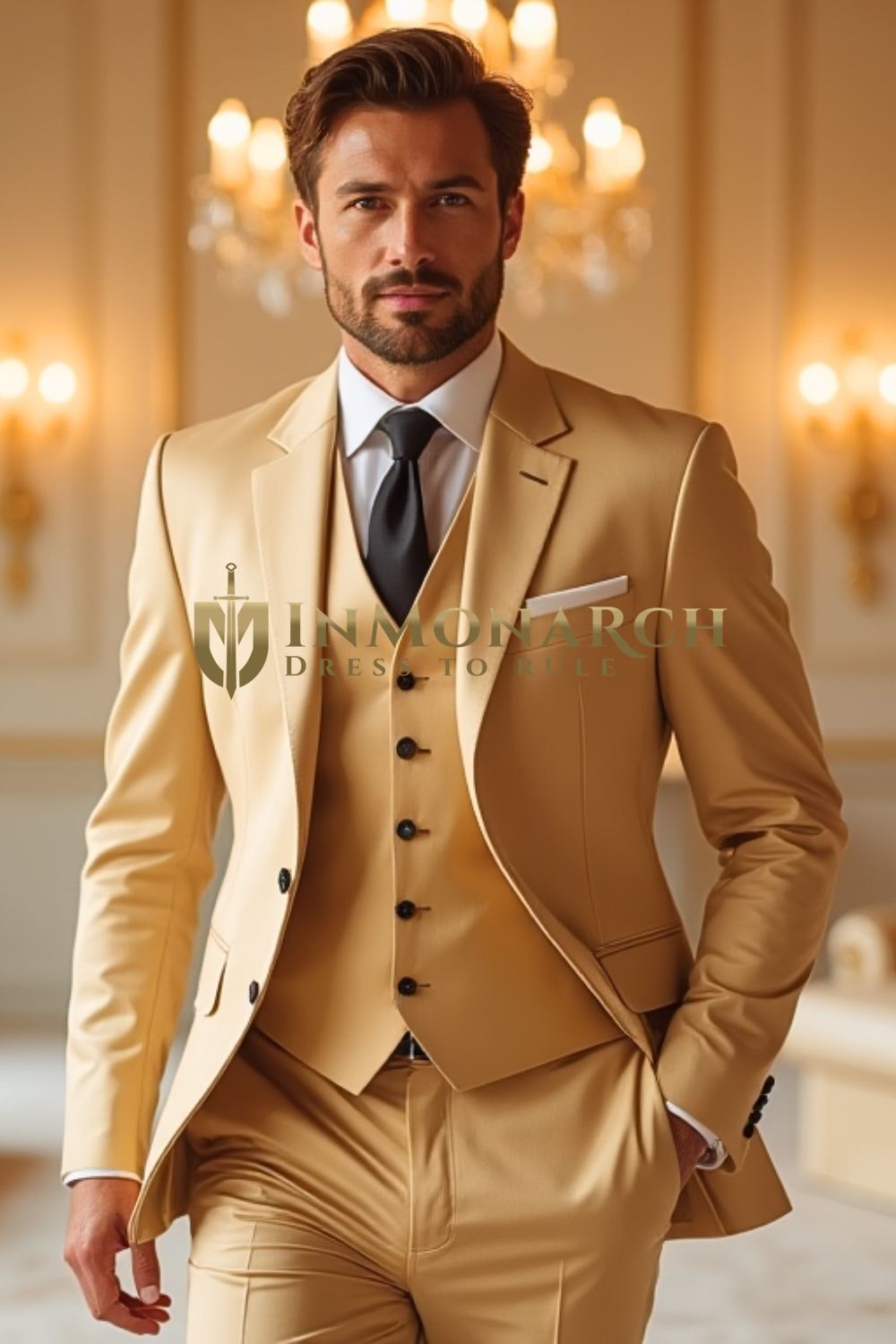 Golden Beige 3-Piece Suit for Men – Slim Fit Wedding & Reception