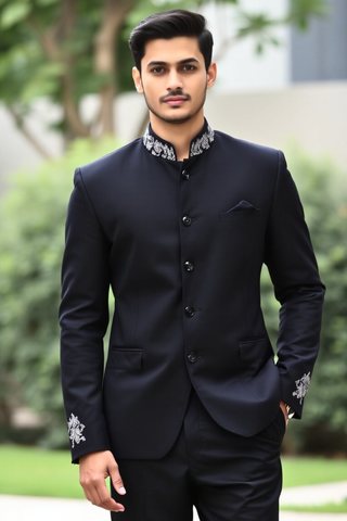 Traje Jodhpur negro para hombre – Cuello bordado y corte slim