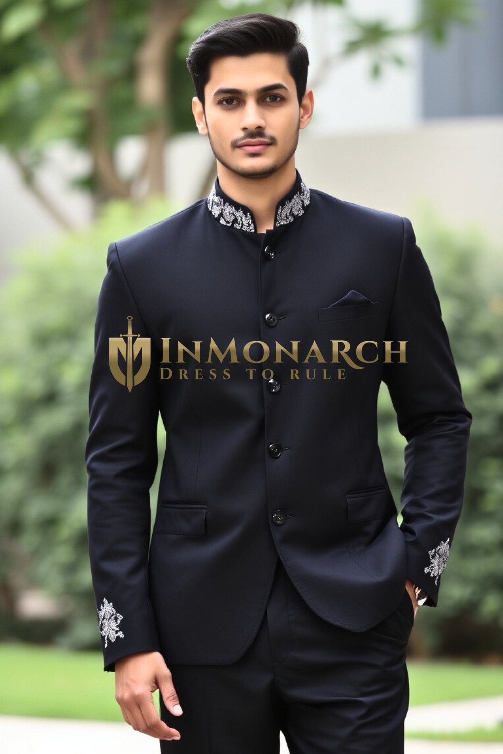 Traje Jodhpur negro para hombre – Cuello bordado y corte slim