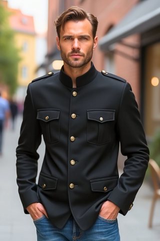 Black Military Bandhgala Jacket for Men – Gold Buttons & Slim Fit