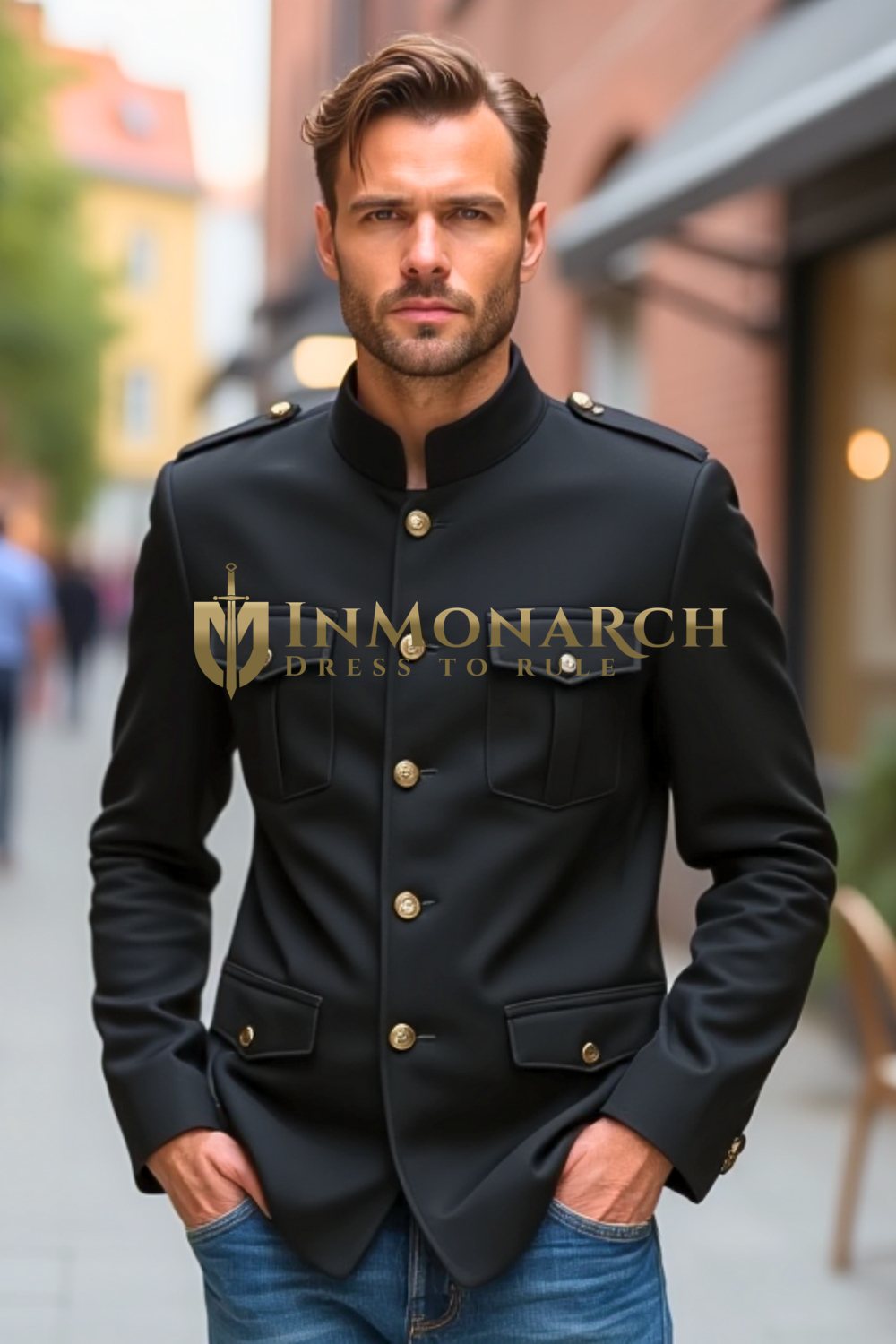 Black Military Bandhgala Jacket for Men – Gold Buttons & Slim Fit