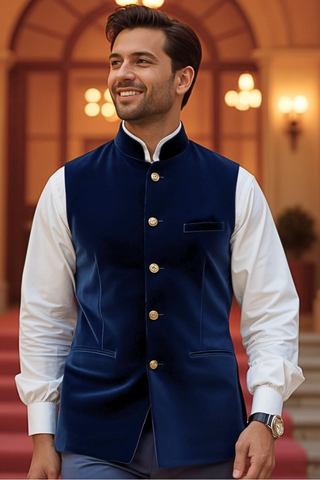 Navy Velvet Nehru Jacket for Men – Wedding & Festive Wear
