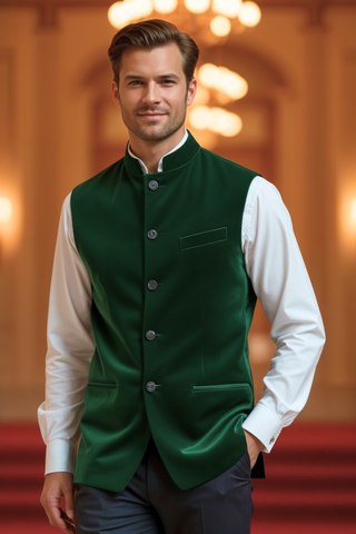 Emerald Green Velvet Nehru Jacket for Men – Wedding & Festive Wear
