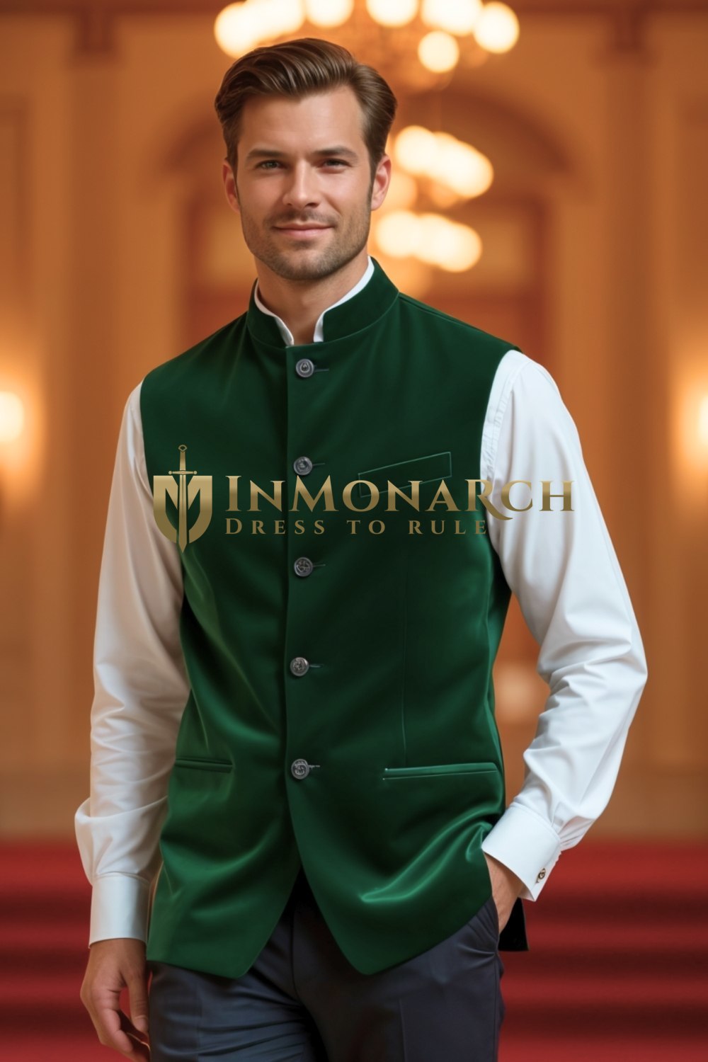 Emerald Green Velvet Nehru Jacket for Men – Wedding & Festive Wear
