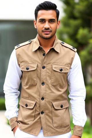 Khaki Safari Nehru Jacket for Men – Travel & Smart Casual Wear