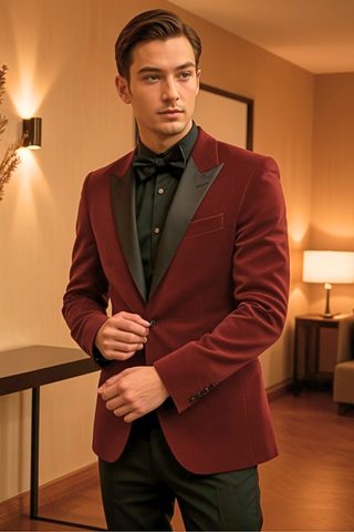 Burgundy Velvet Tuxedo Suit for Men – Peak Lapel Wedding & Gala Wear