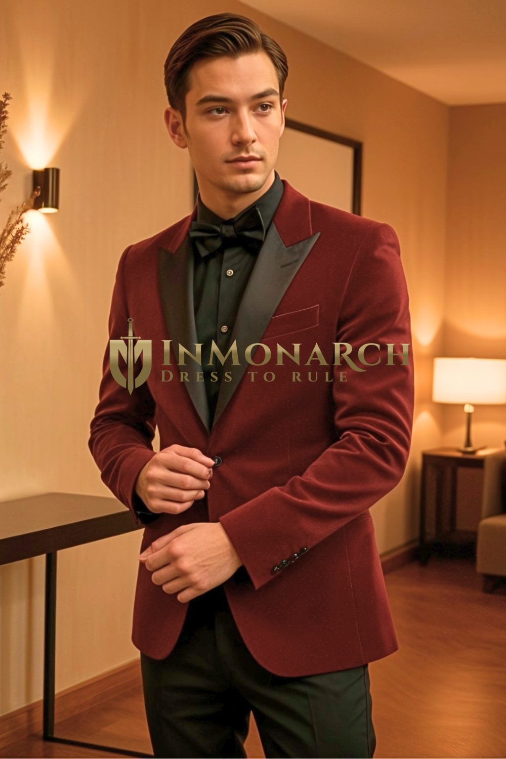 Burgundy Velvet Tuxedo Suit for Men – Peak Lapel Wedding & Gala Wear
