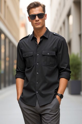 Black Safari Shirt for Men – Epaulet Utility Style Casual Wear
