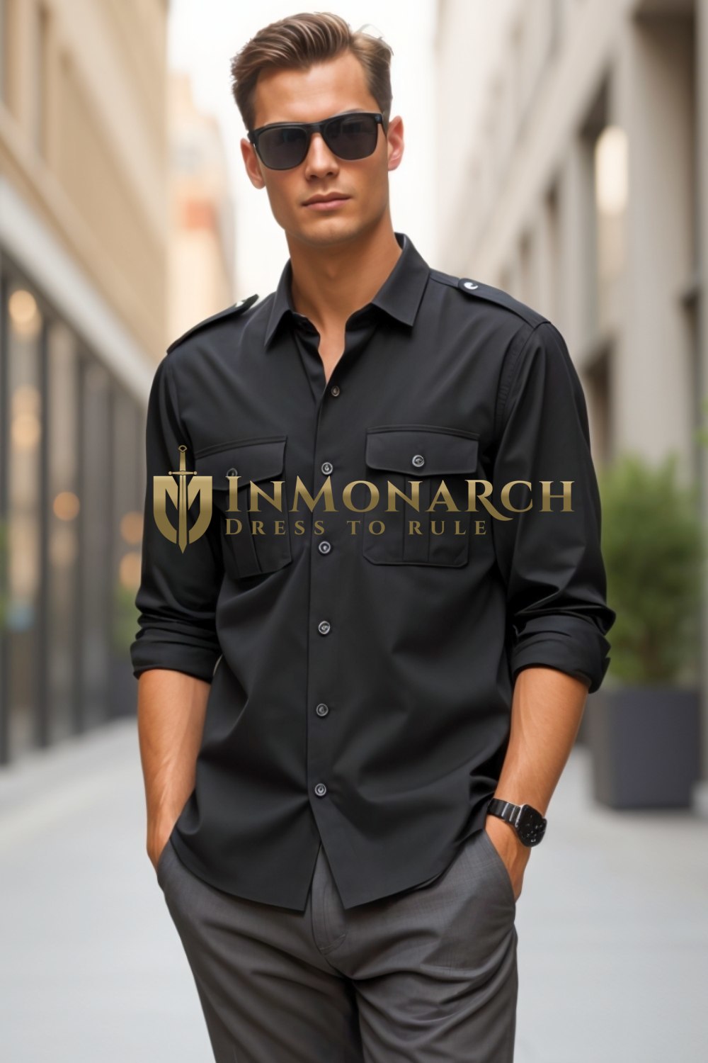 Black Safari Shirt for Men – Epaulet Utility Style Casual Wear

