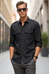 Black Safari Shirt for Men – Epaulet Utility Style Casual Wear
