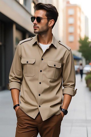 Khaki Safari Shirt for Men – Epaulet Utility Style Casual Wear