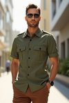 Olive Green Short-Sleeve Safari Shirt for Men – Epaulet Utility Style