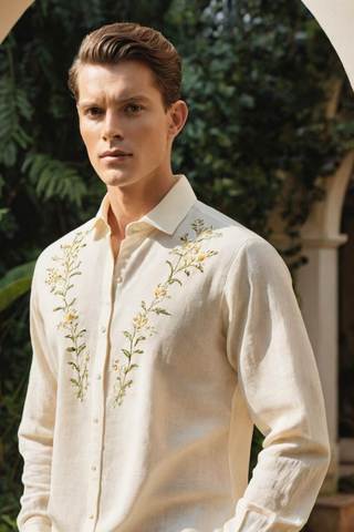 Cream Linen Embroidered Shirt for Men – Floral Resort Wedding Wear