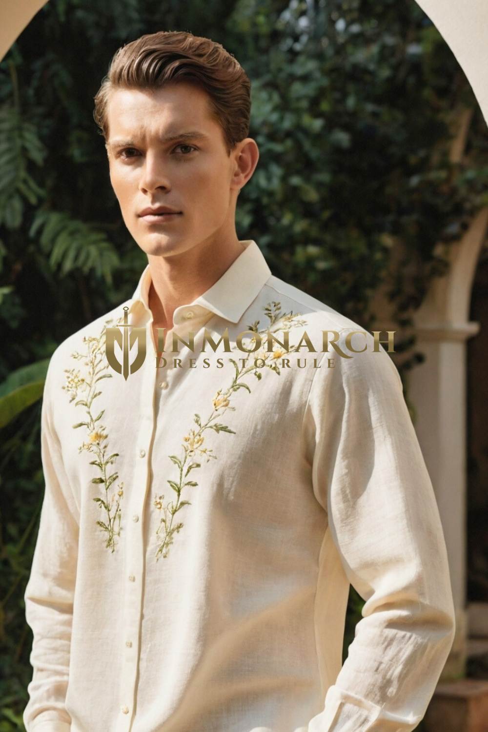 Cream Linen Embroidered Shirt for Men – Floral Resort Wedding Wear