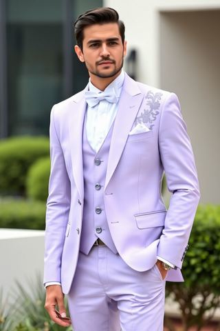 Lavender 3-Piece Tuxedo with Silver Embroidery – Groom Wedding Suit
