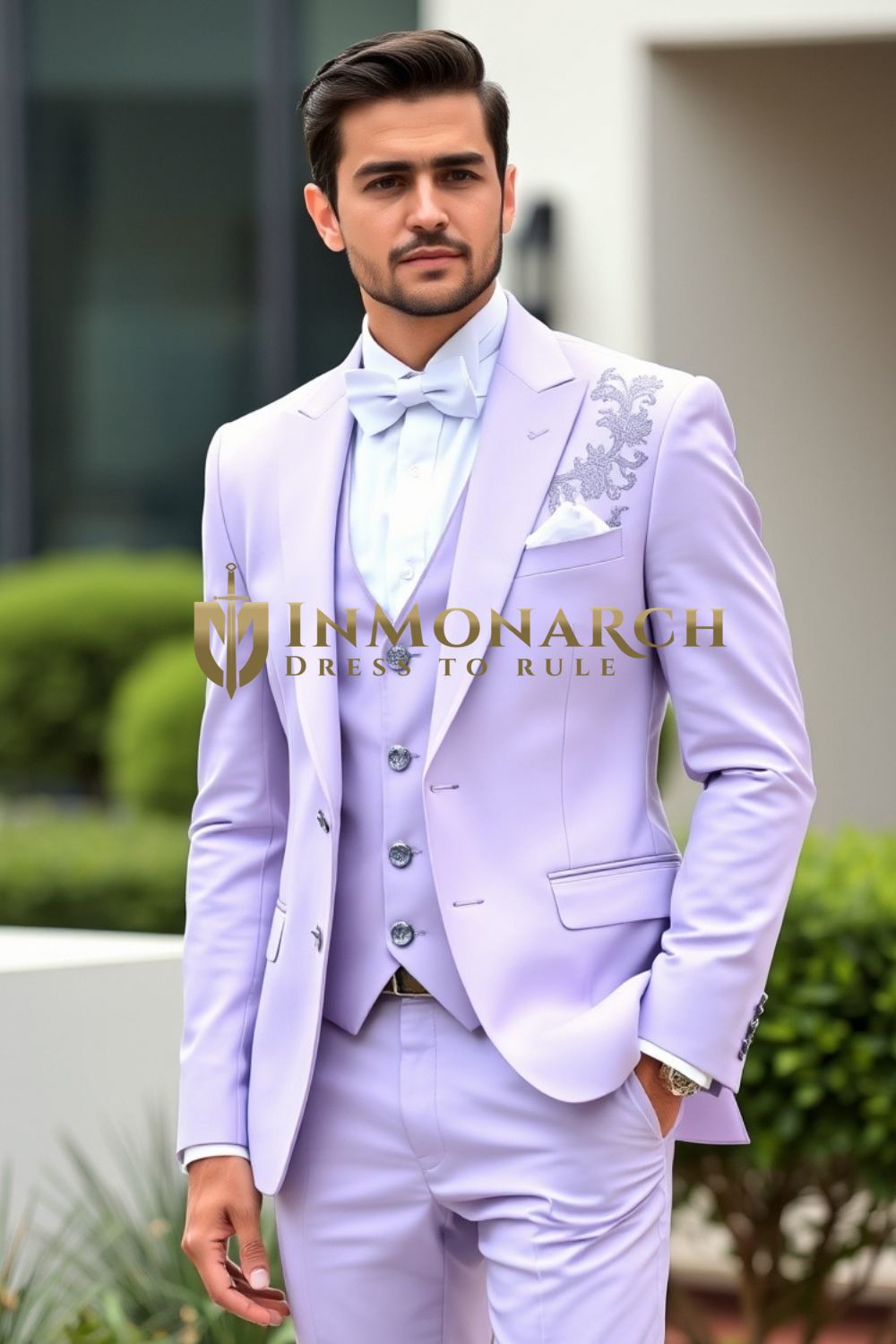 Lavender 3-Piece Tuxedo with Silver Embroidery – Groom Wedding Suit
