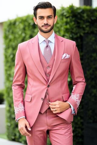 Rose Pink 3-Piece Suit with White Embroidery – Groom Reception Outfit
