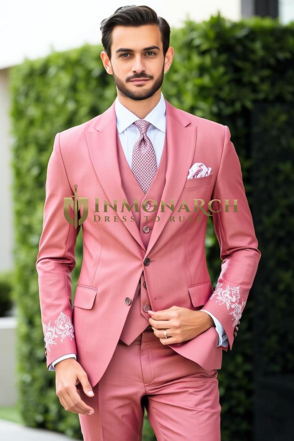 Rose Pink 3-Piece Suit with White Embroidery – Groom Reception Outfit