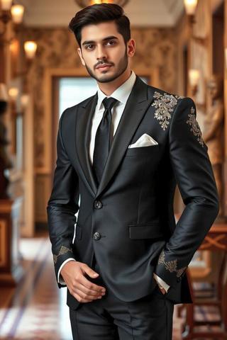 Black Tuxedo with Metallic Embroidery – Groom Reception Suit