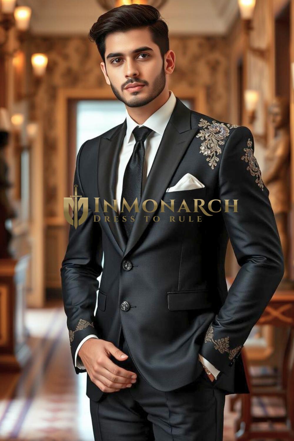 Black Tuxedo with Metallic Embroidery – Groom Reception Suit
