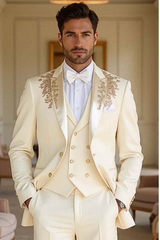 Cream 3-Piece Tuxedo with Gold Embroidery – Groom Wedding Suit