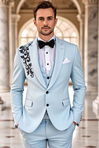 Sky Blue 3-Piece Tuxedo with Black Embroidery – Groom Wedding Suit