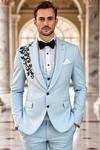 Sky Blue 3-Piece Tuxedo with Black Embroidery – Groom Wedding Suit