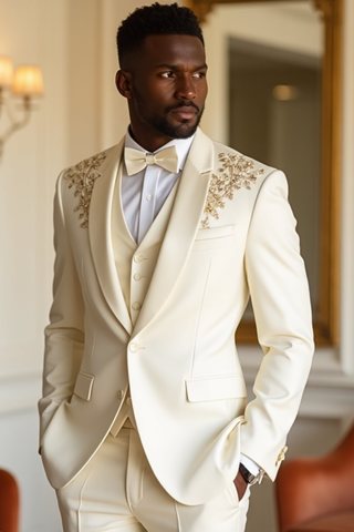 Cream Ivory 3-Piece Tuxedo with Gold Floral Embroidery – Groom Wedding Suit