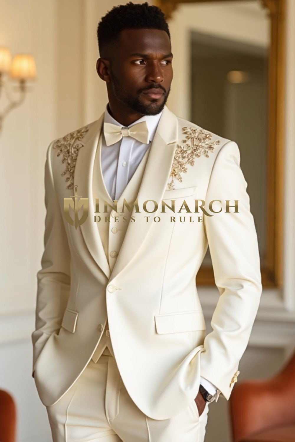 Cream Ivory 3-Piece Tuxedo with Gold Floral Embroidery – Groom Wedding Suit