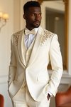 Cream Ivory 3-Piece Tuxedo with Gold Floral Embroidery – Groom Wedding Suit