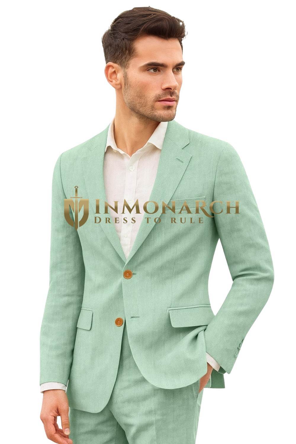 Beach Wedding Grayish Green Linen Tailored Suit for Men