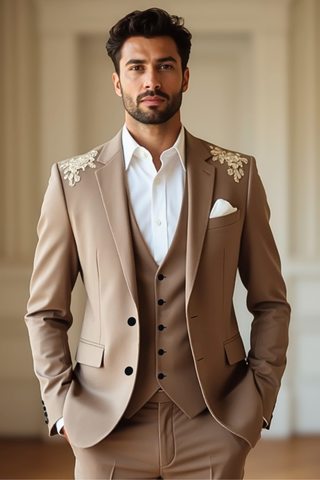 Camel Tan 3-Piece Suit with Cream Embroidery – Groom Wedding Suit