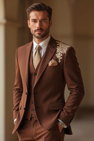 Chocolate Brown 3-Piece Suit with Warm Beige Embroidery – Groom Wedding Suit
