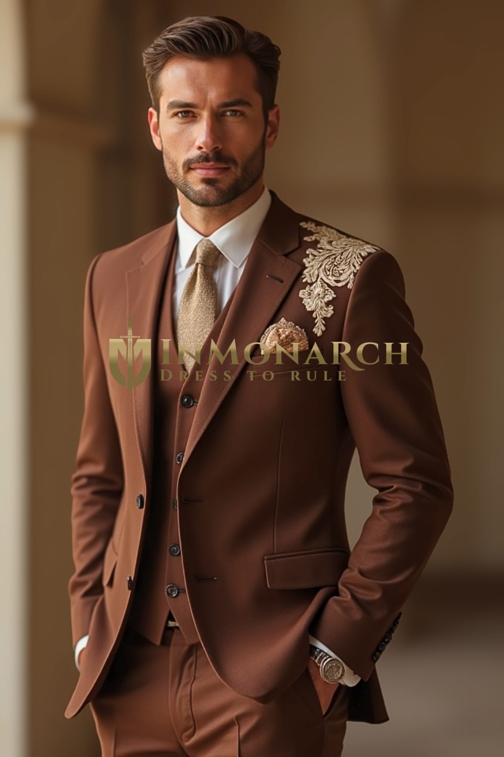 Chocolate Brown 3-Piece Suit with Warm Beige Embroidery – Groom Wedding Suit
