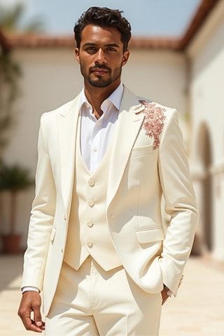 Ivory 3-Piece Groom Suit with Rose Gold Embroidery – Wedding Tuxedo