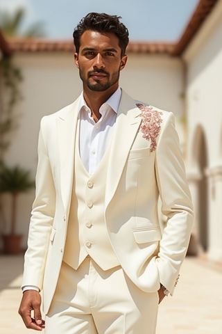 Ivory 3-Piece Groom Suit with Rose Gold Embroidery – Wedding Tuxedo