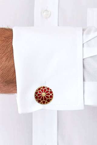 Red and Gold Round Mosaic Cufflinks – Enamel Formal Design