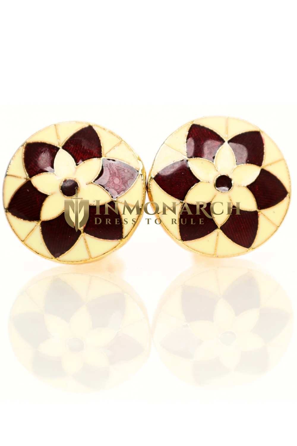 Ivory and Maroon Floral Cufflinks – Enamel Meenakari Round Design