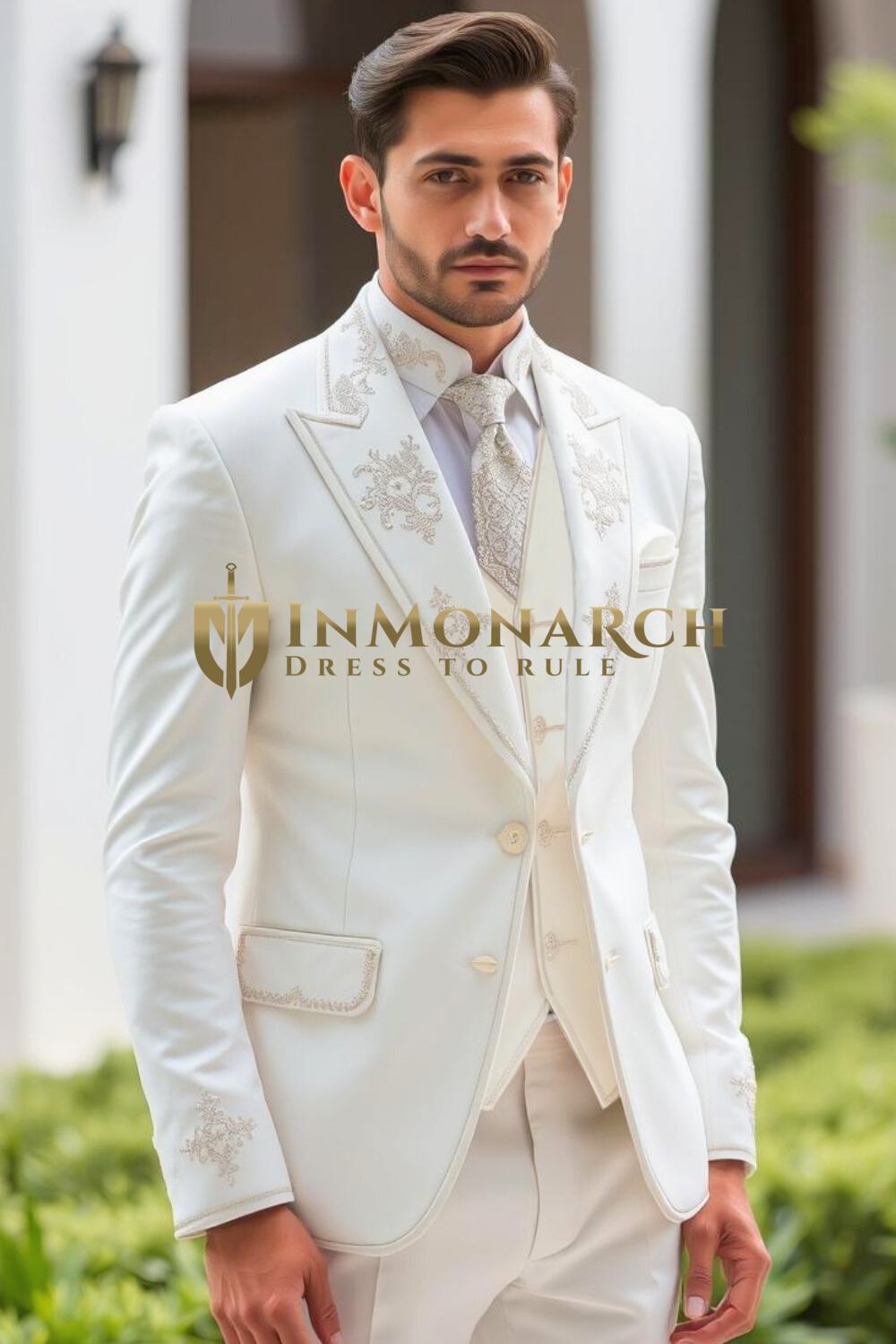 Cremefarbener bestickter Bräutigam-Anzug 3-teilig Hochzeit