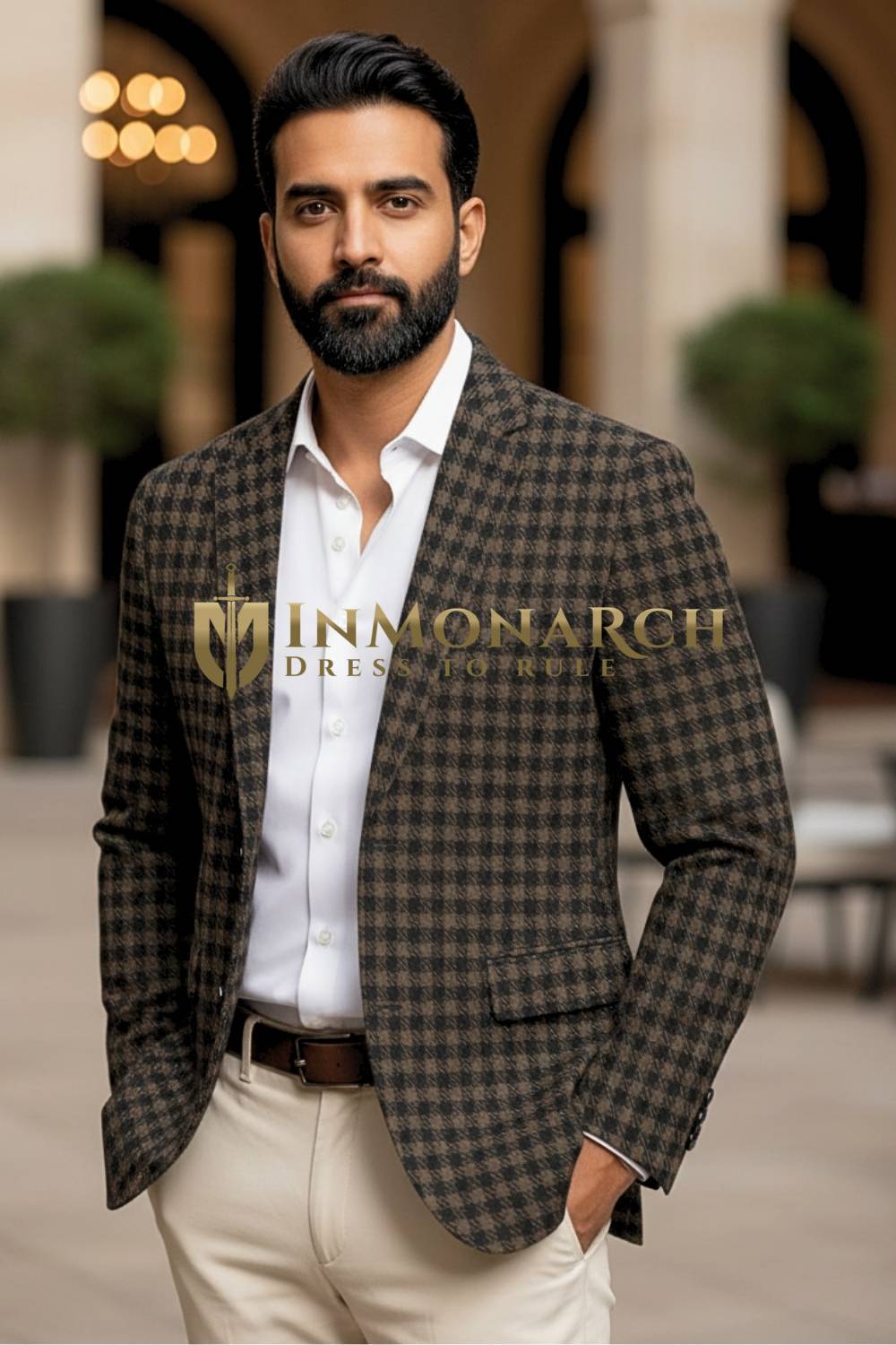 Mens Dark Brown Black Houndstooth Blazer Slim Fit Jacket 1 Pc Formal Wear